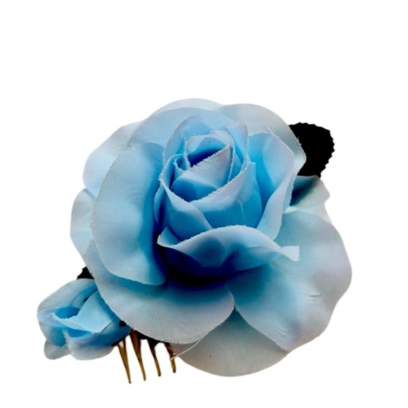 Flower Hair Comb Fastener Pastel Blue Coquette Vintage 1980s Bud Green Leaves - Picture 1 of 11